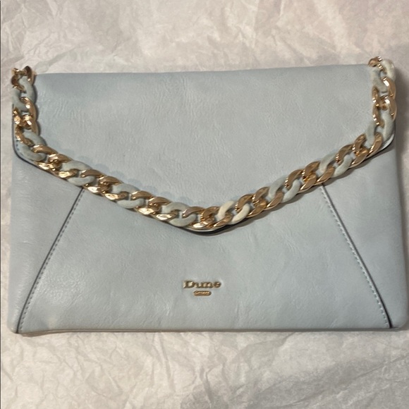 Dune London Handbags - Dune London | Light Blue Envelope Clutch Bag with Blue & Gold Chain Embellishmen